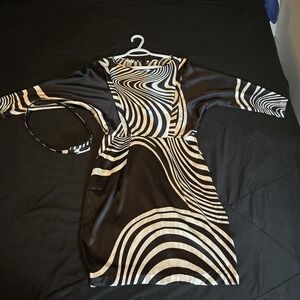 Cache Dress Womens 2 Black 95%Silk Blend Graphic Stripe Belted Sheath 3/4 Sleeve